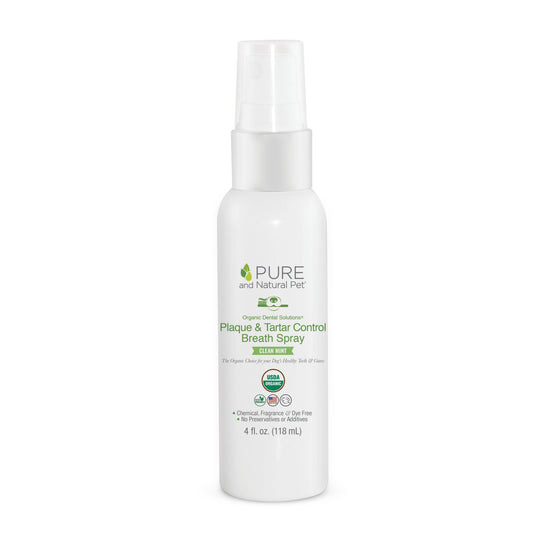 Organic plaque and tartar control breath spray for dogs in a 4 oz bottle