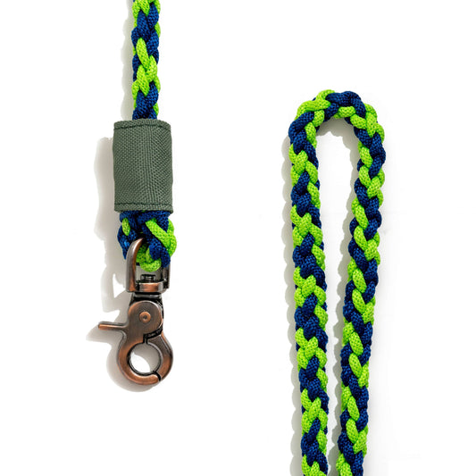 Close-up of BetterLeash Neon Green & Royal Blue Dog Leash with reinforced hardware and woven construction