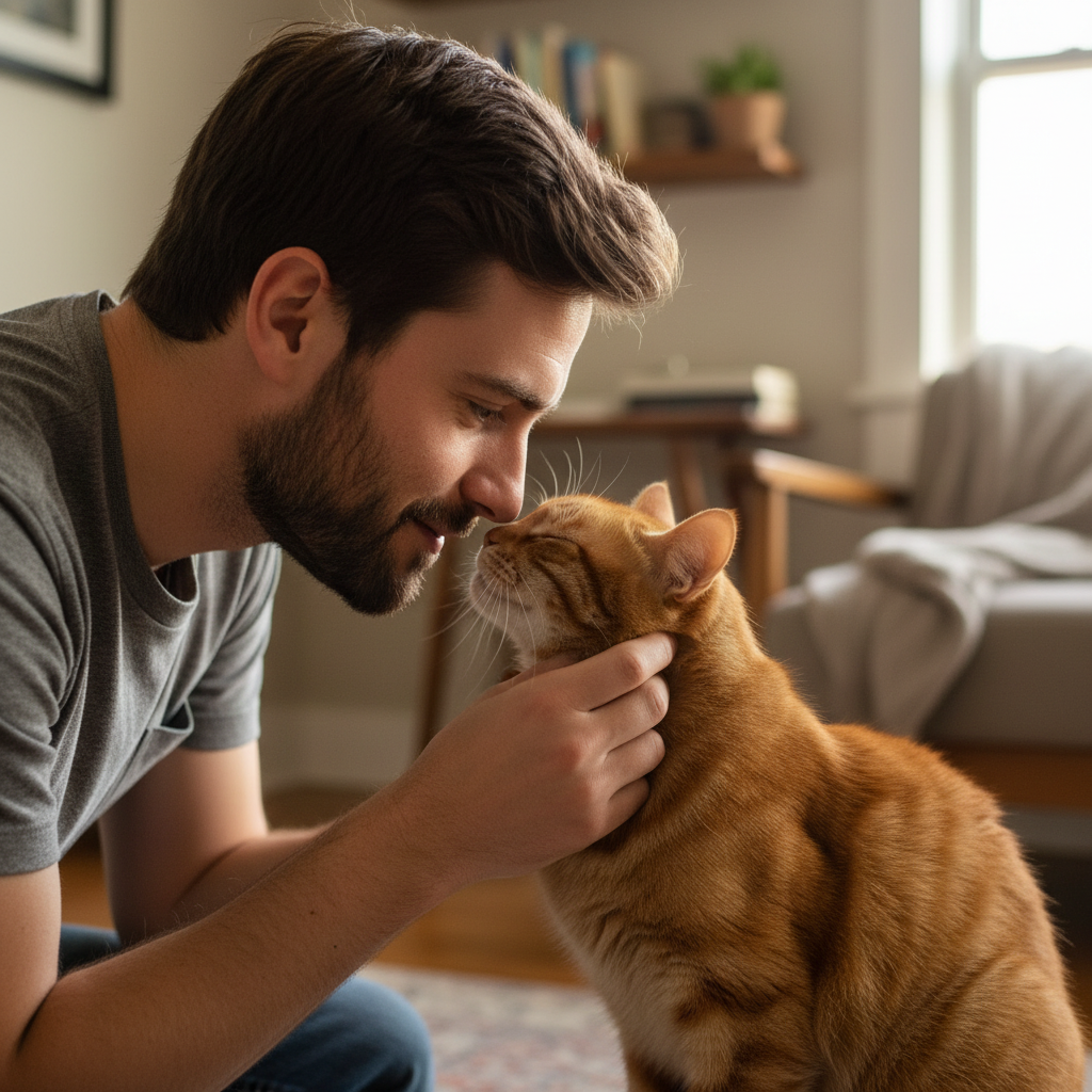 Cat owner sharing a calm moment with their cat alongside Healing Green Salve for Kitties.