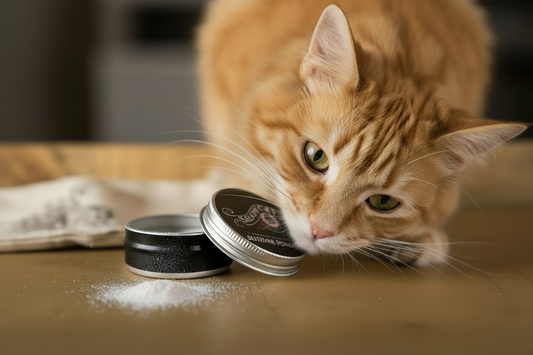 Cat sniffing organic silver vine powder from Shady Cat tin