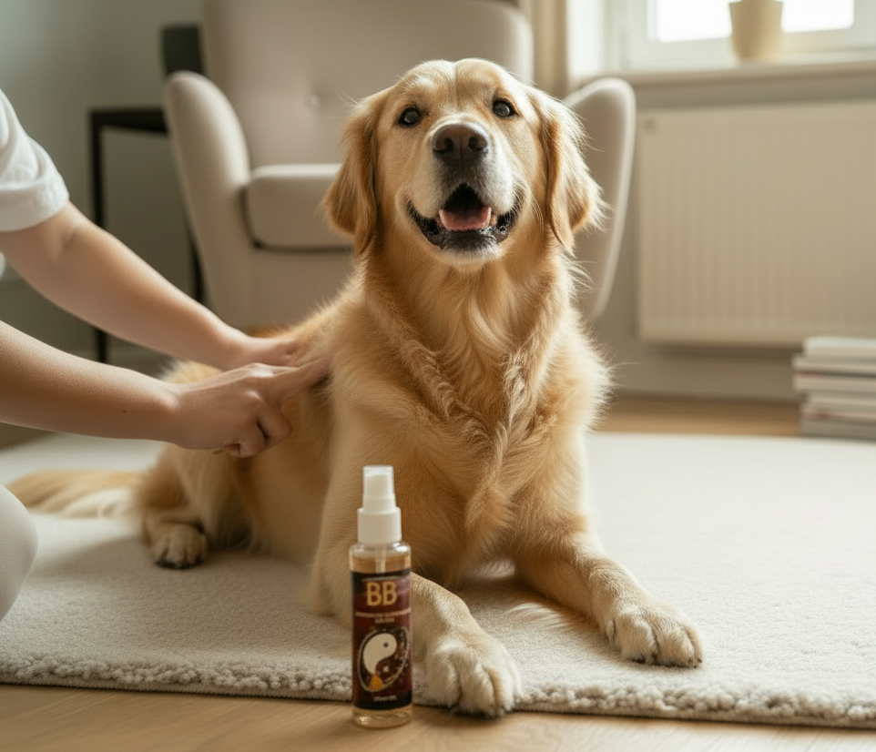 Golden Retriever after treatment with B&B Deluxe Professional Fur Oil Silk Drops