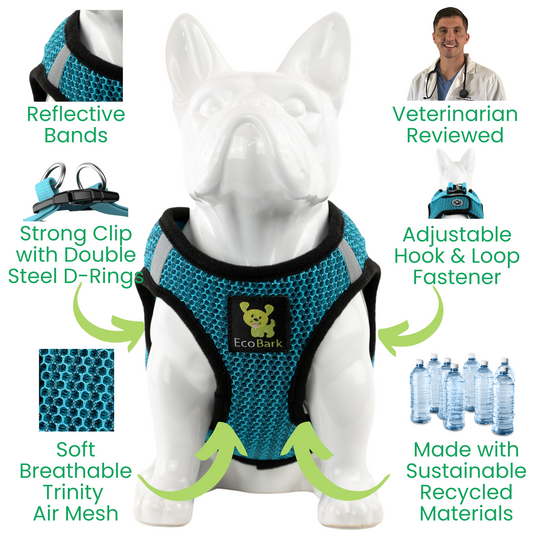 EcoBark Aqua Sport no-choke step-in dog harness showing reflective trim, breathable mesh, recycled materials, and safety buckle
