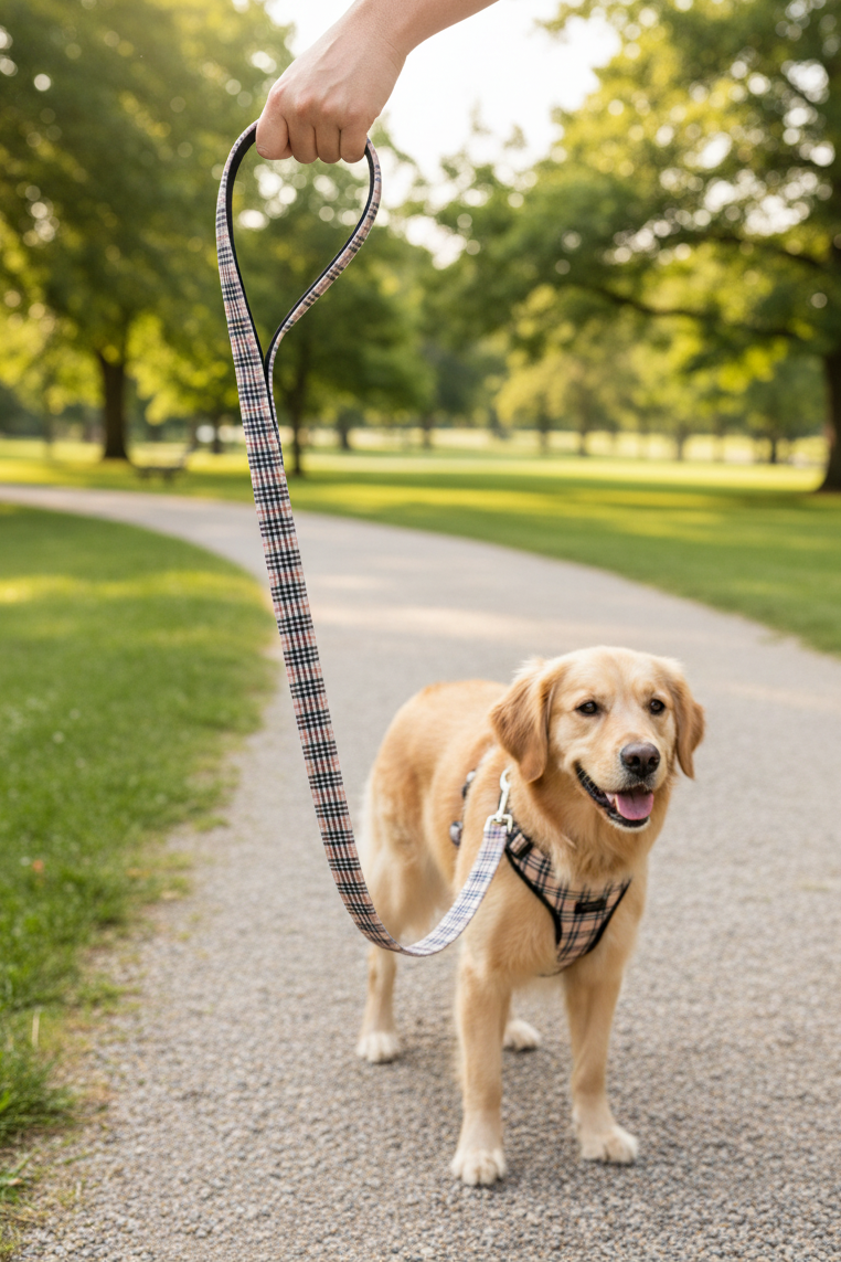Golden Retriever wearing the matching EcoBark Tan Plaid Harness and Tan Plaid Dog Leash during an outdoor walk