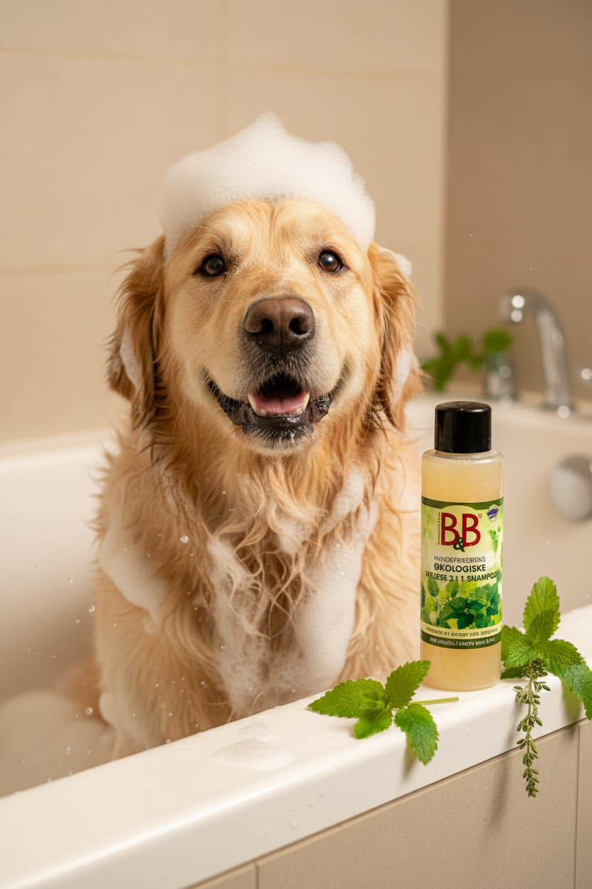 Golden Retriever enjoying a bath with B&B Organic Melisse (Lemon Balm) 2-in-1 Shampoo