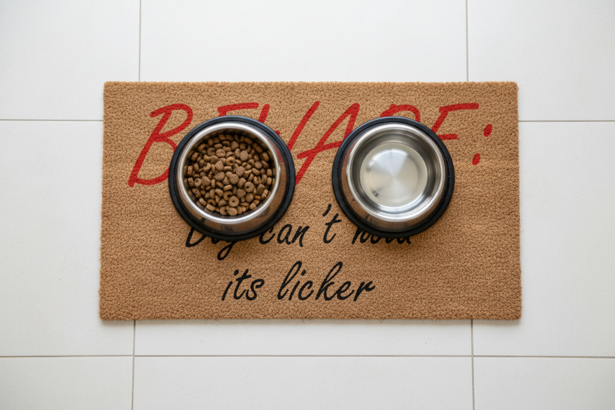 Beware Dog Can’t Hold Its Licker coir doormat with pet food and water bowls