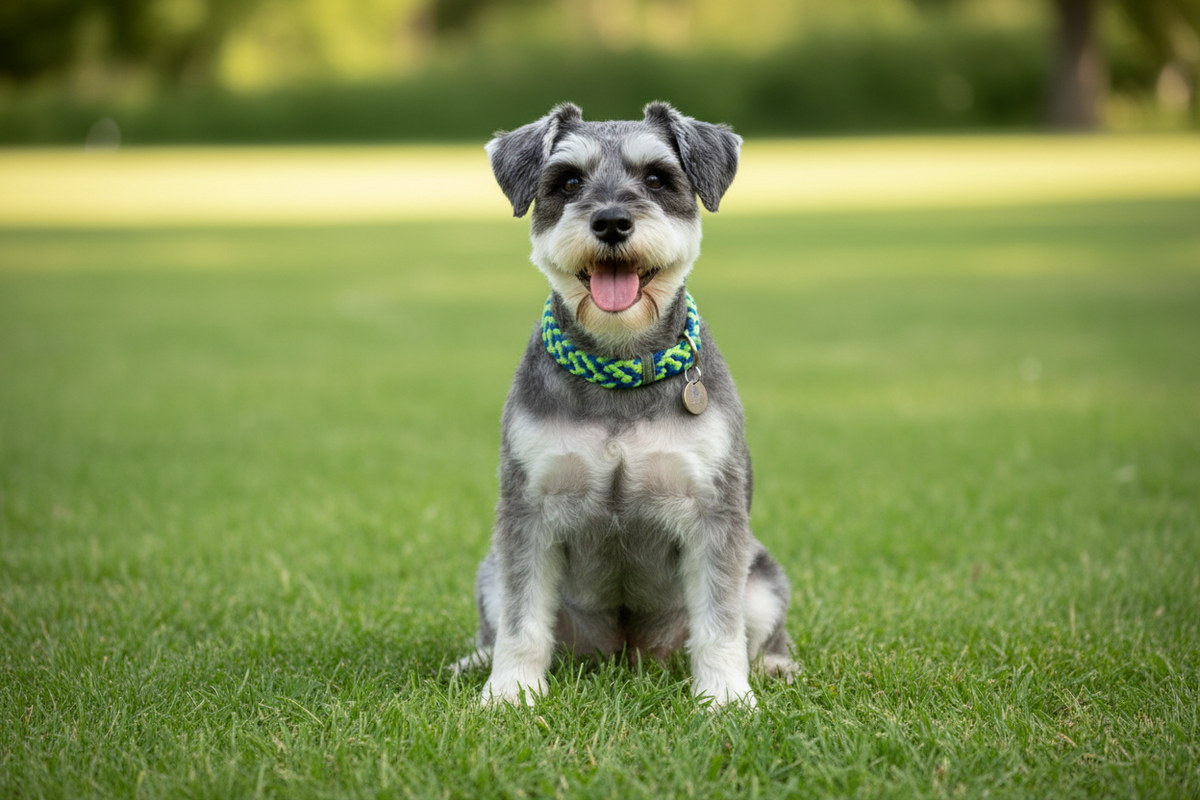 Dog wearing BetterCollar Neon Green & Royal Blue recycled dog collar