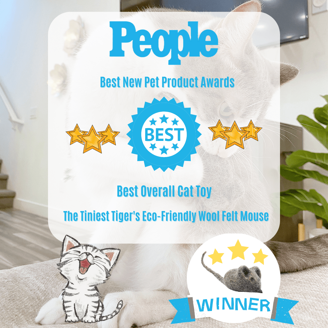 Award graphic featuring the wool felt mouse cat toy with product recognition and customer ratings
