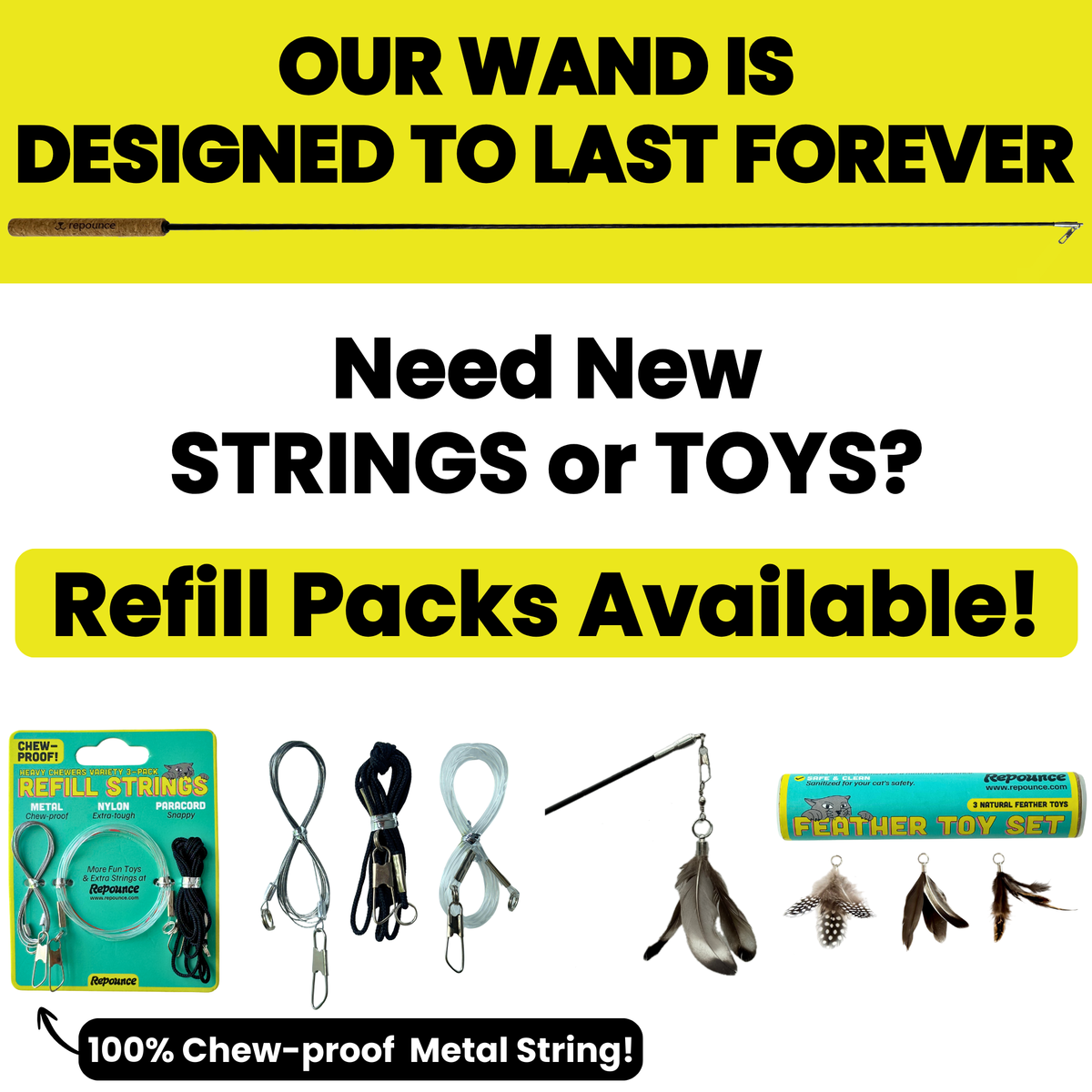 Forever Stick replacement strings and interchangeable cat toy attachments
