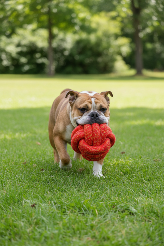 Bulldog carrying Handmade Jumbo Rope Ball Dog Toy during outdoor play