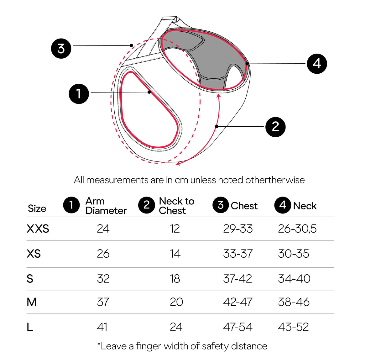 Jala vegan leather dog harness sizing guide with chest and neck measurements for selecting the correct fit