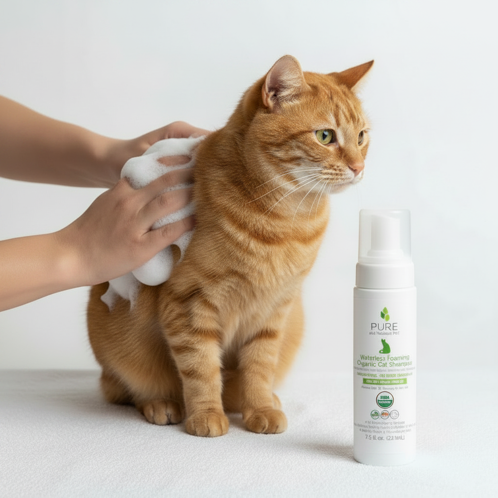 Applying organic waterless foaming shampoo to an orange cat for stress-free no-rinse grooming