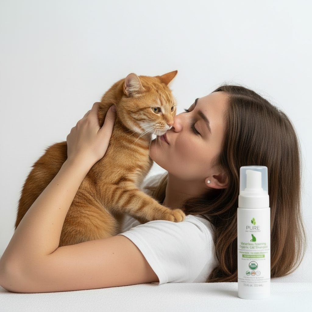 Happy cat cuddling with owner after gentle waterless grooming using organic foaming shampoo