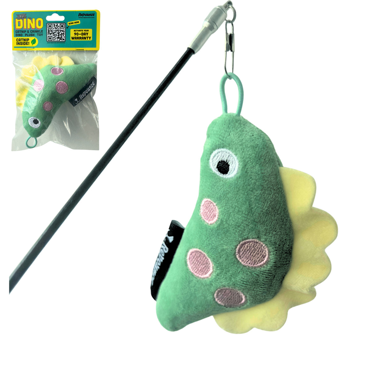 Dino plush cat toy attached to a Forever Stick™ interactive cat wand with product packaging
