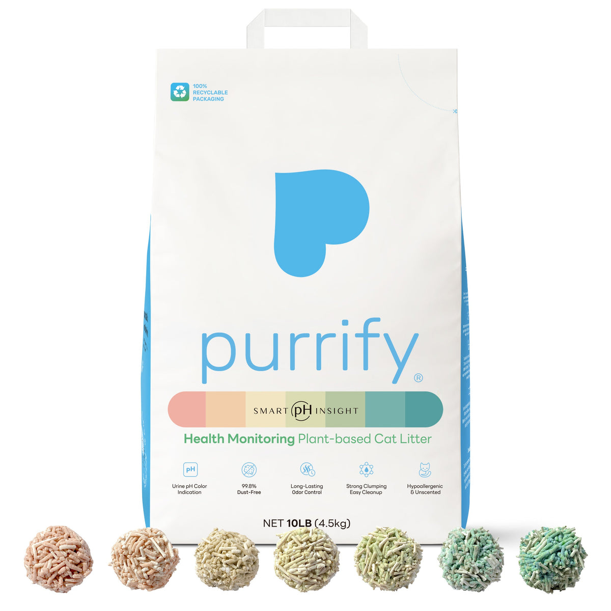purrify Smart pH Insight plant-based clumping cat litter bag with assorted litter colors