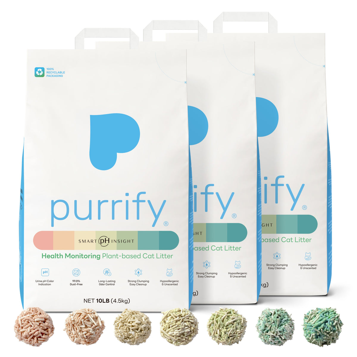 Multiple bags of purrify Smart pH Insight plant-based clumping cat litter