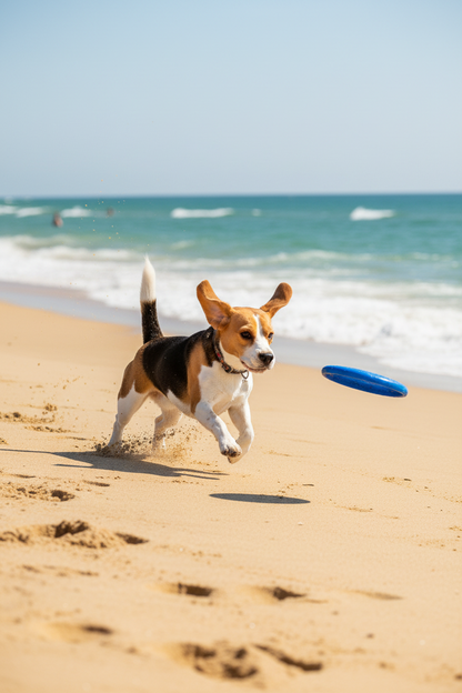Dog running on the beach with B&B Paw Wax Deluxe Spray for hot surface paw protection