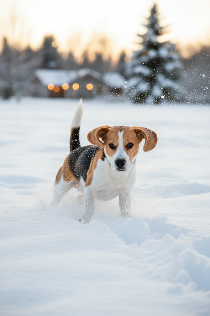 Dog running through snow with protected paws after using B&B Paw Wax Deluxe Spray