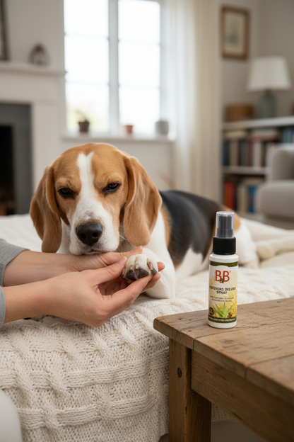 Applying B&B Paw Wax Deluxe Spray to a dog’s paw before outdoor activity