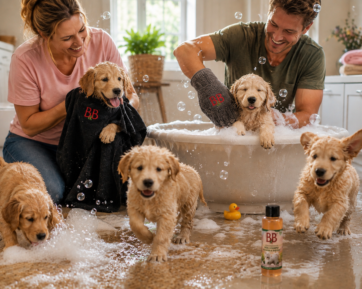 Family bathing puppies with B&B grooming products
