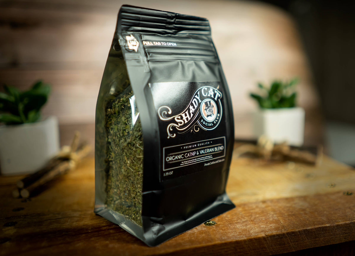 Organic Catnip & Valerian Blend bag showing clear side window with herbal blend