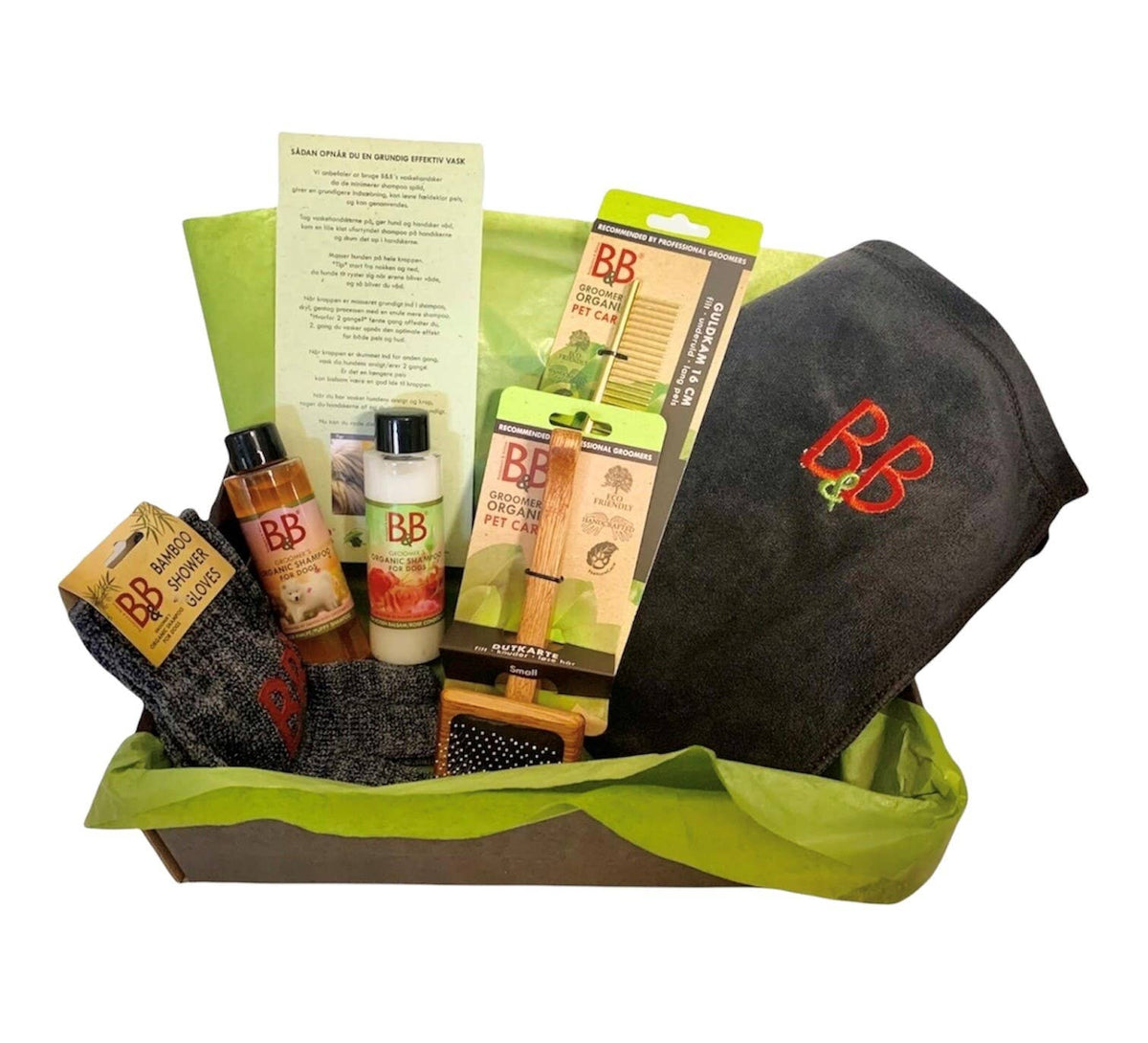 B&B Fur Care Starter Box for Puppies gift set with organic grooming essentials, towel, comb, and puppy care products