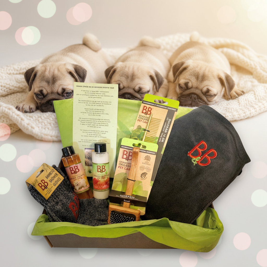 B&B Fur Care Starter Box for Puppies with sleeping puppies and complete grooming kit displayed.