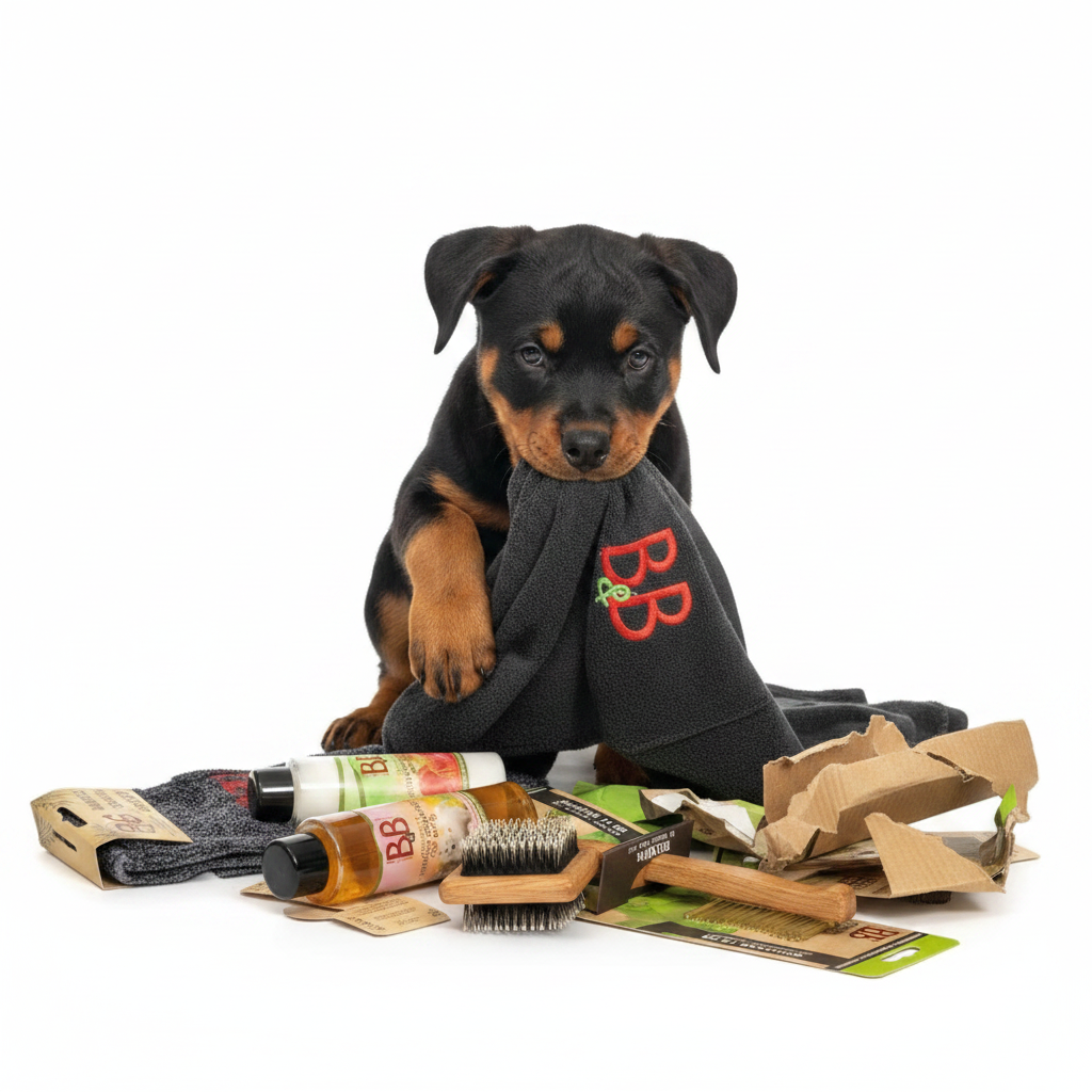 Rottweiler puppy with the B&B Fur Care Starter Box, grooming towel, brush, shampoo, conditioner, and puppy grooming essentials.