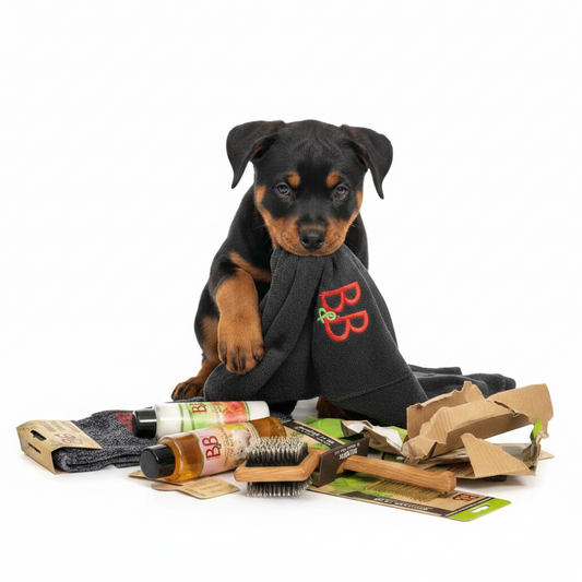 Rottweiler puppy with the B&B Fur Care Starter Box, grooming towel, brush, shampoo, conditioner, and puppy grooming essentials.