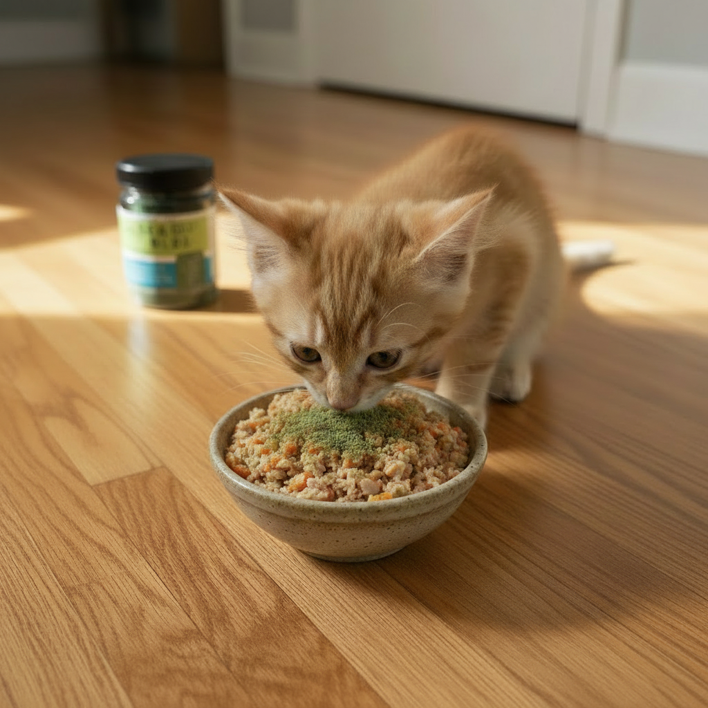 Orange kitten eating fresh food topped with Seaweed Blend whole-food seaweed supplement for cats and dogs.