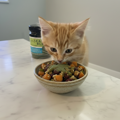 Cat eating fresh food prepared with Seaweed Blend organic marine mineral supplement.