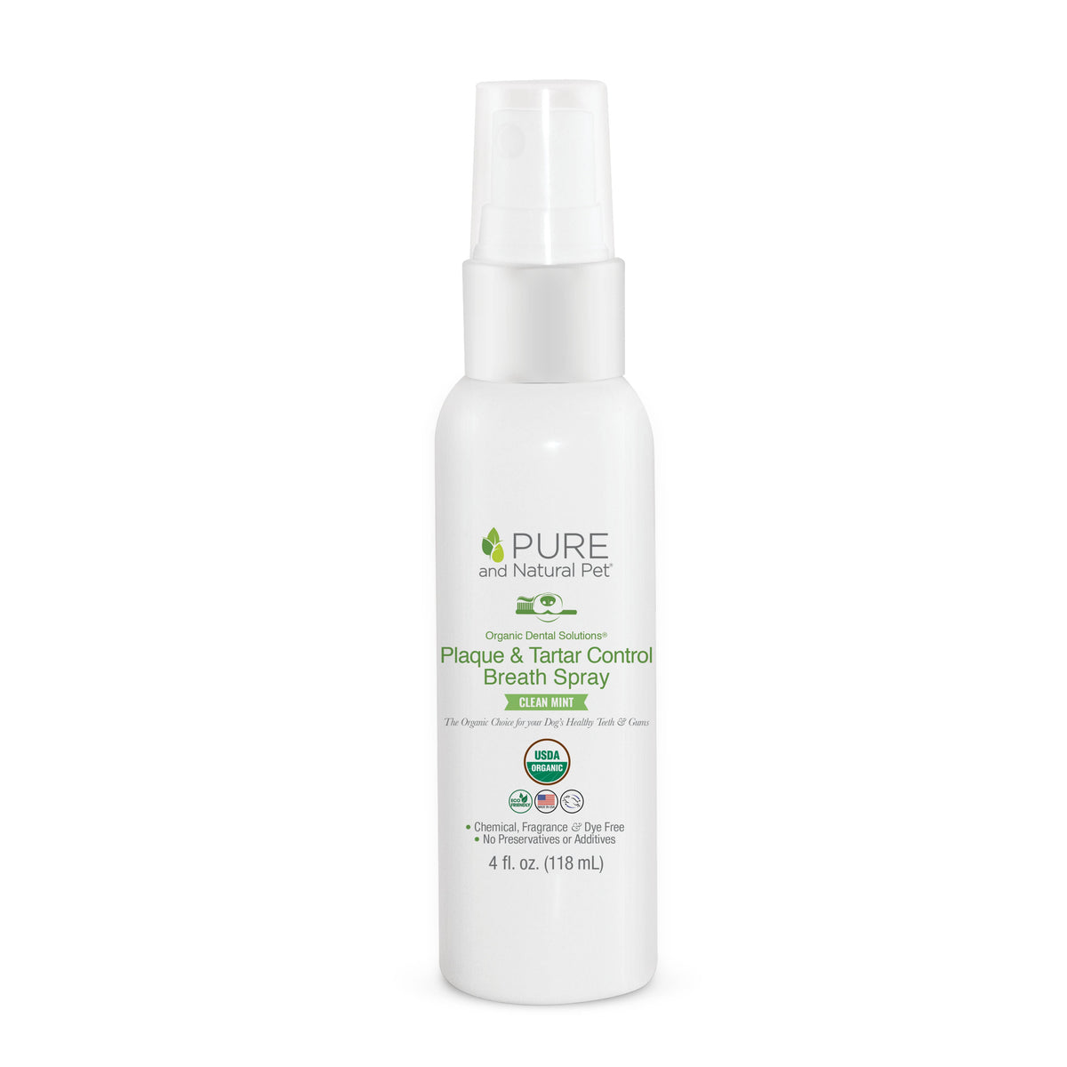 Organic plaque and tartar control breath spray for dogs in a 4 oz bottle