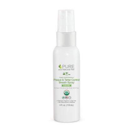 Organic plaque and tartar control breath spray for dogs in a 4 oz bottle