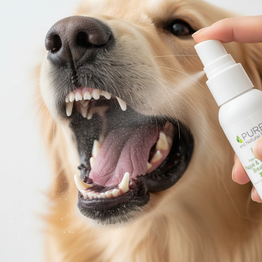 Golden Retriever receiving organic plaque and tartar control breath spray during a dental care routine