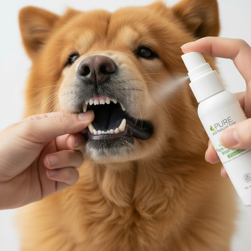Owner applying organic breath spray to a dog’s teeth as part of a daily oral care routine