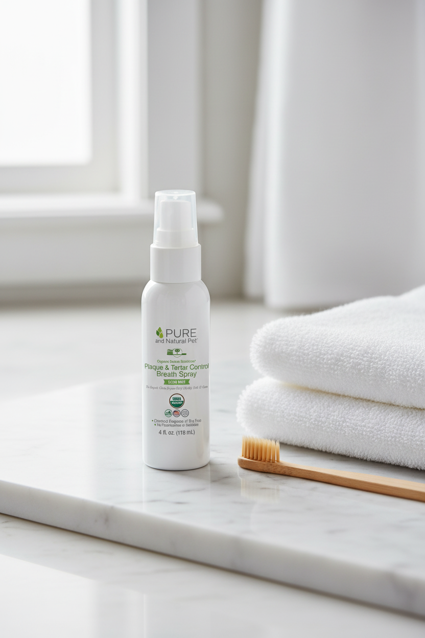 Organic plaque and tartar control breath spray for dogs displayed on a clean bathroom countertop with towels and a bamboo toothbrush