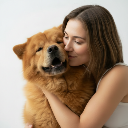 Happy dog cuddling with its owner after a positive dental care routine