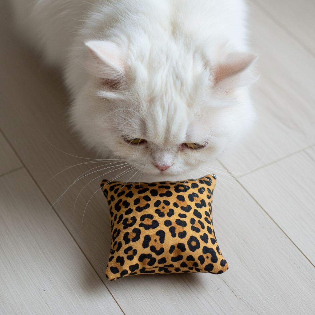 White cat sniffing a handmade valerian bean bag cat toy during quiet indoor play