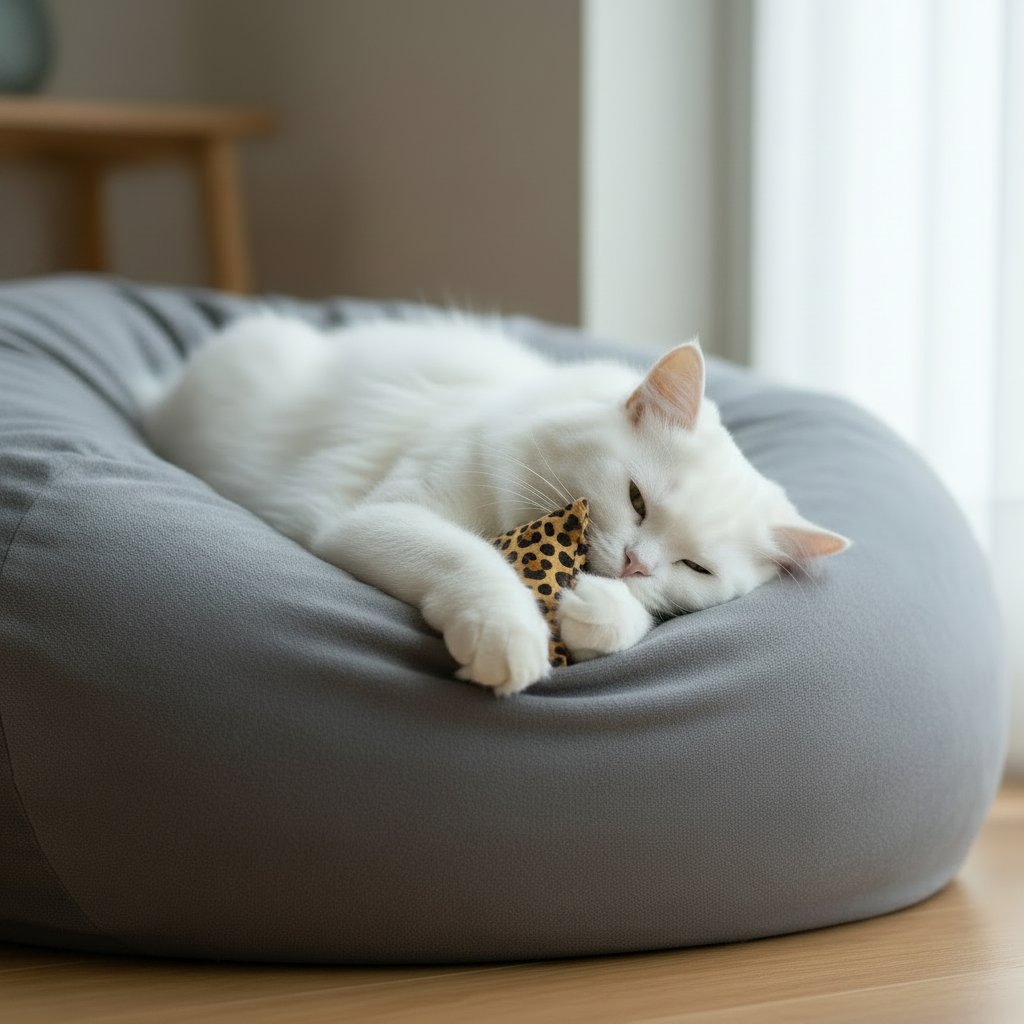 White cat resting comfortably with a handmade valerian bean bag comfort toy