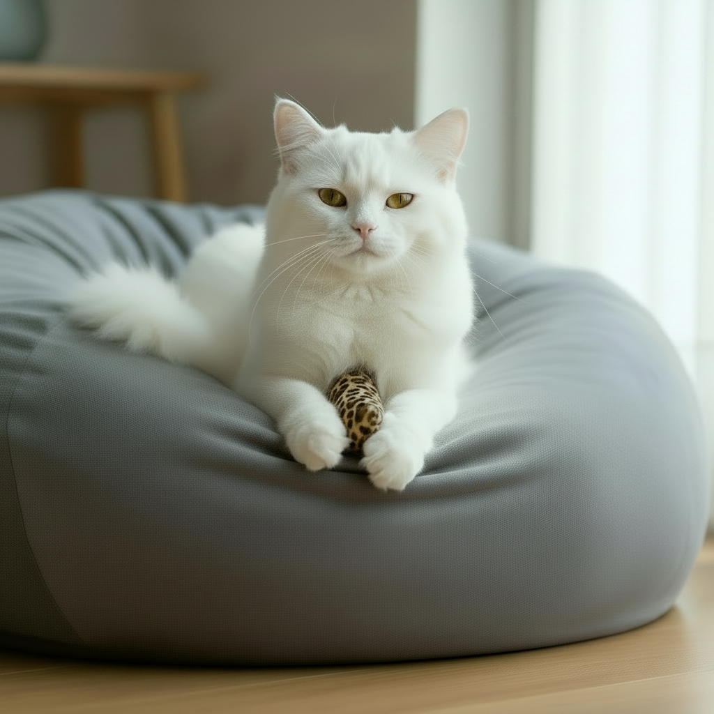 Relaxed white cat sitting with a handmade valerian bean bag toy for feline enrichment