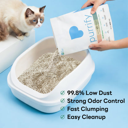 Person pouring purrify plant-based clumping cat litter into a litter box