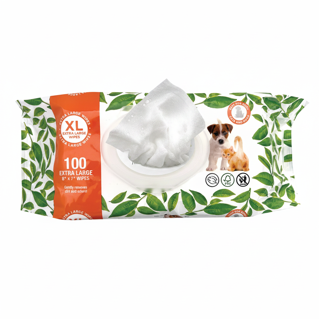 Extra-large fragrance-free pet grooming wipe partially dispensed from XL package