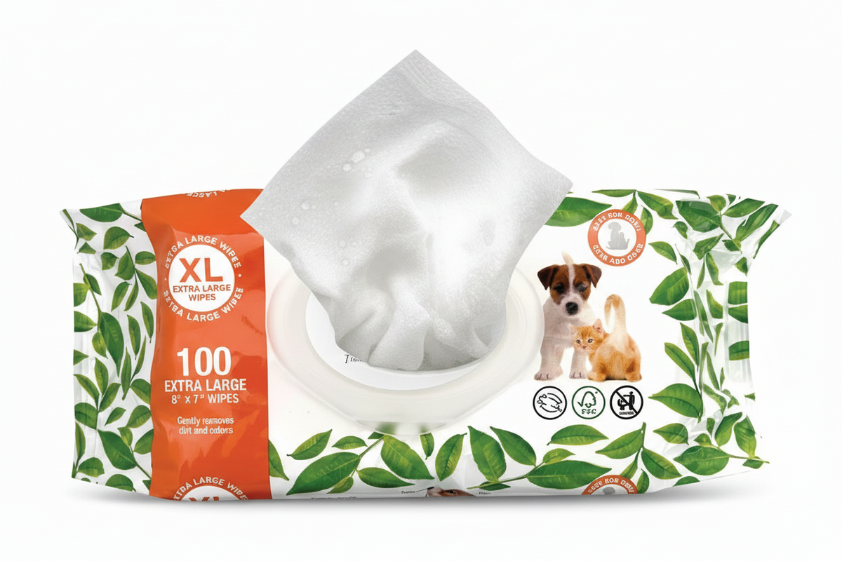 Close-up of extra-large grooming wipe removed from fragrance-free pet wipes package