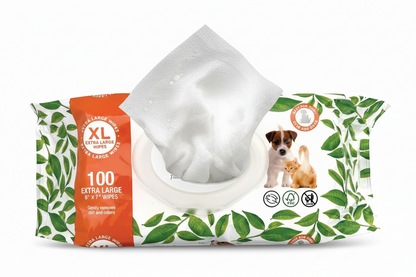 Close-up of extra-large grooming wipe removed from fragrance-free pet wipes package