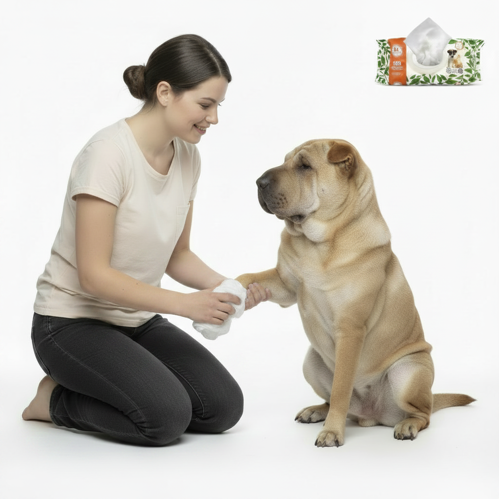Pet owner gently cleaning a dog’s paw with a fragrance-free grooming wipe after outdoor activity