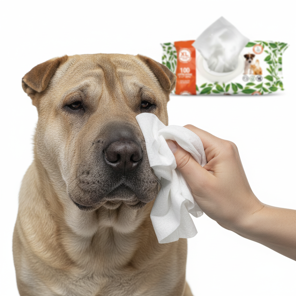 Cleaning a dog’s face with a fragrance-free grooming wipe to remove dirt, drool, and everyday debris