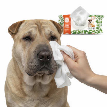 Cleaning a dog’s face with a fragrance-free grooming wipe to remove dirt, drool, and everyday debris