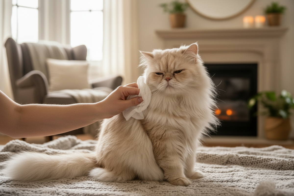 Pet owner using a fragrance-free grooming wipe to clean a long-haired cat’s coat