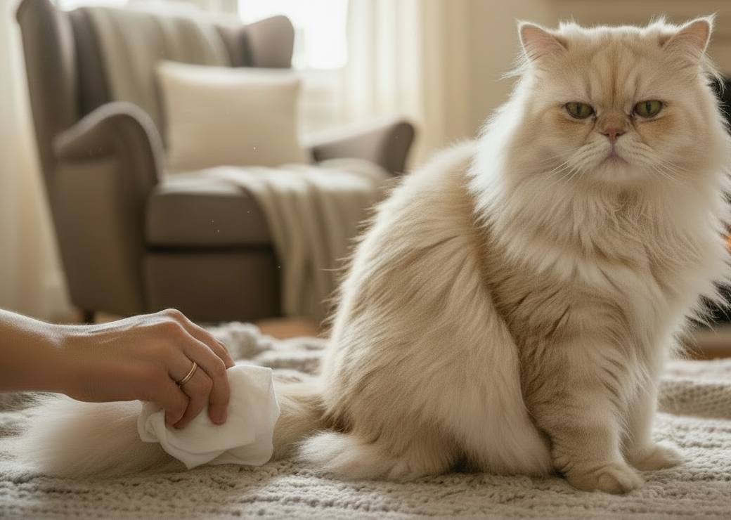 Pet owner gently cleaning a long-haired cat’s tail area with a fragrance-free grooming wipe