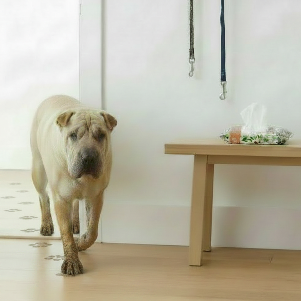 Dog entering the home with muddy paws beside Fragrance-Free Grooming & Cleansing Wipes after an outdoor walk