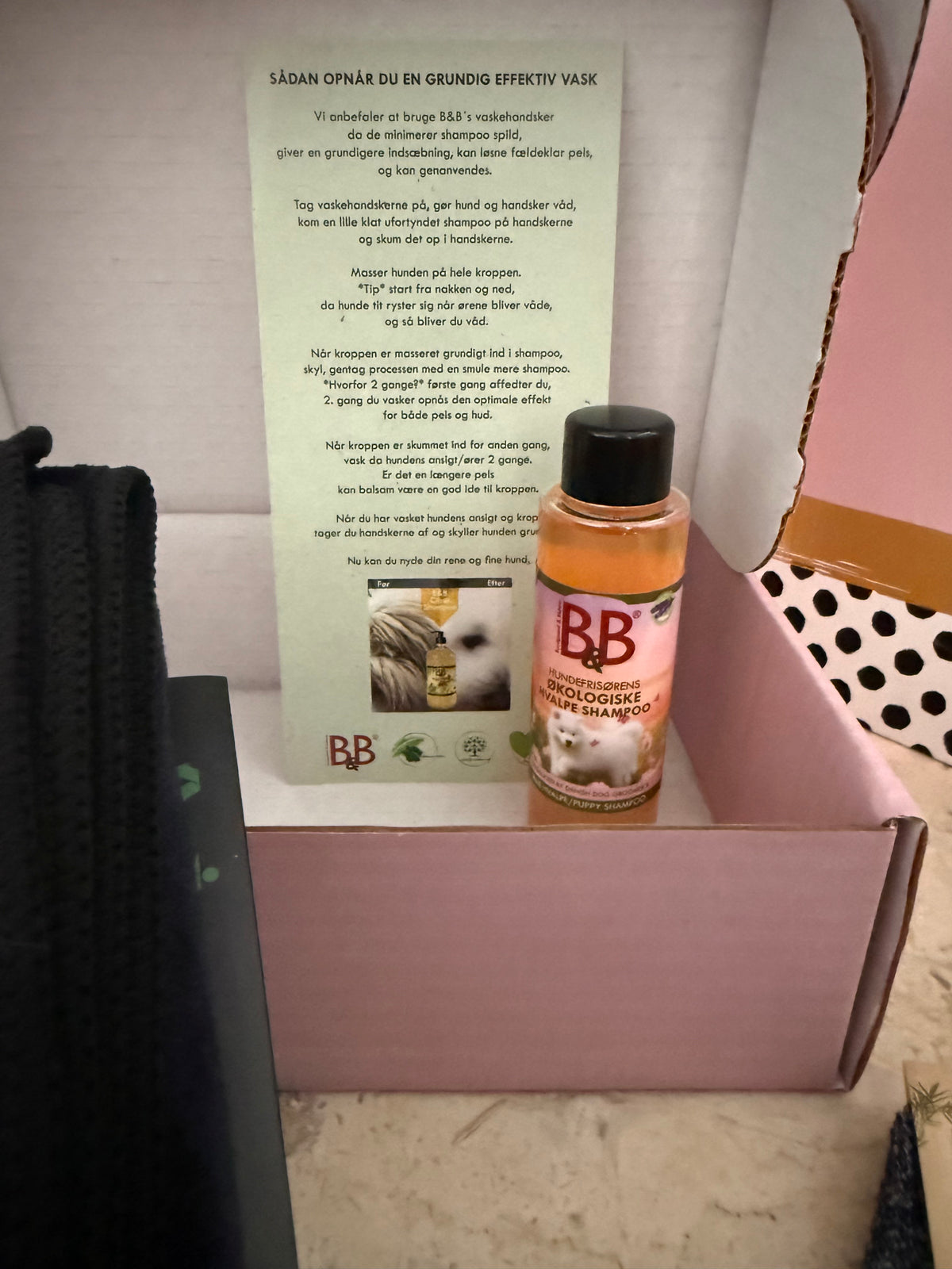 B&B Puppy’s First Bath box with organic puppy shampoo and grooming guide